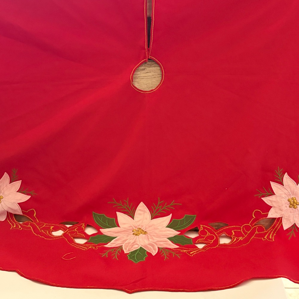 Red Christmas Tree Skirt Embroidered Pink Poinsettia Gold Accents Cut Out Edge